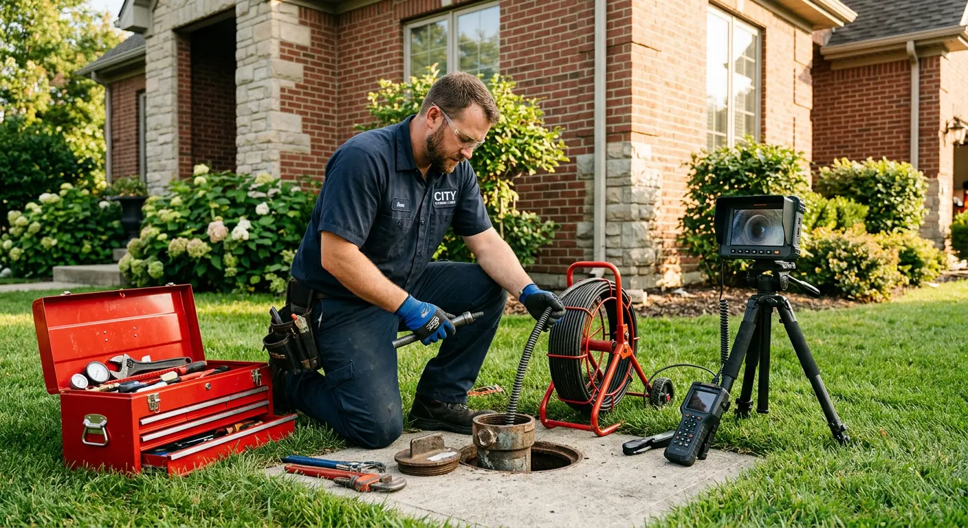 Sewer specialist with camera equipment servicing a cleanout in Rhinebeck