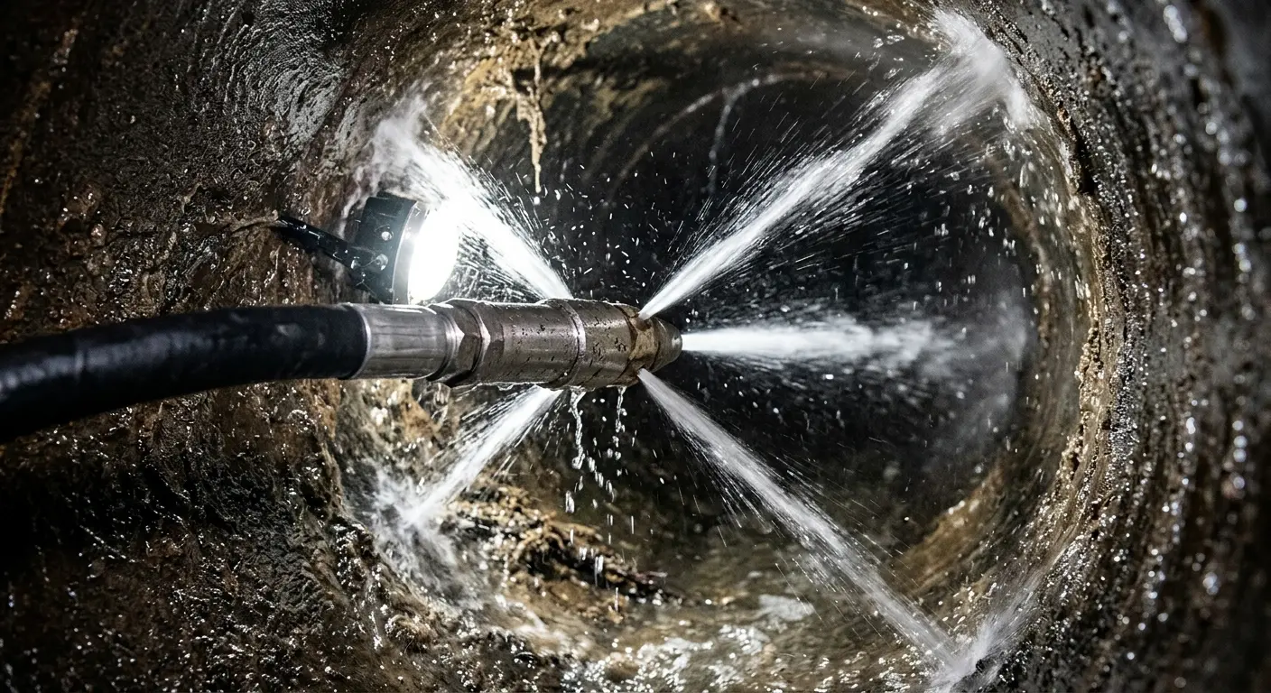 High-pressure hydro jetting nozzle cleaning sewer pipe for Emergency Drain Service in Rhinebeck