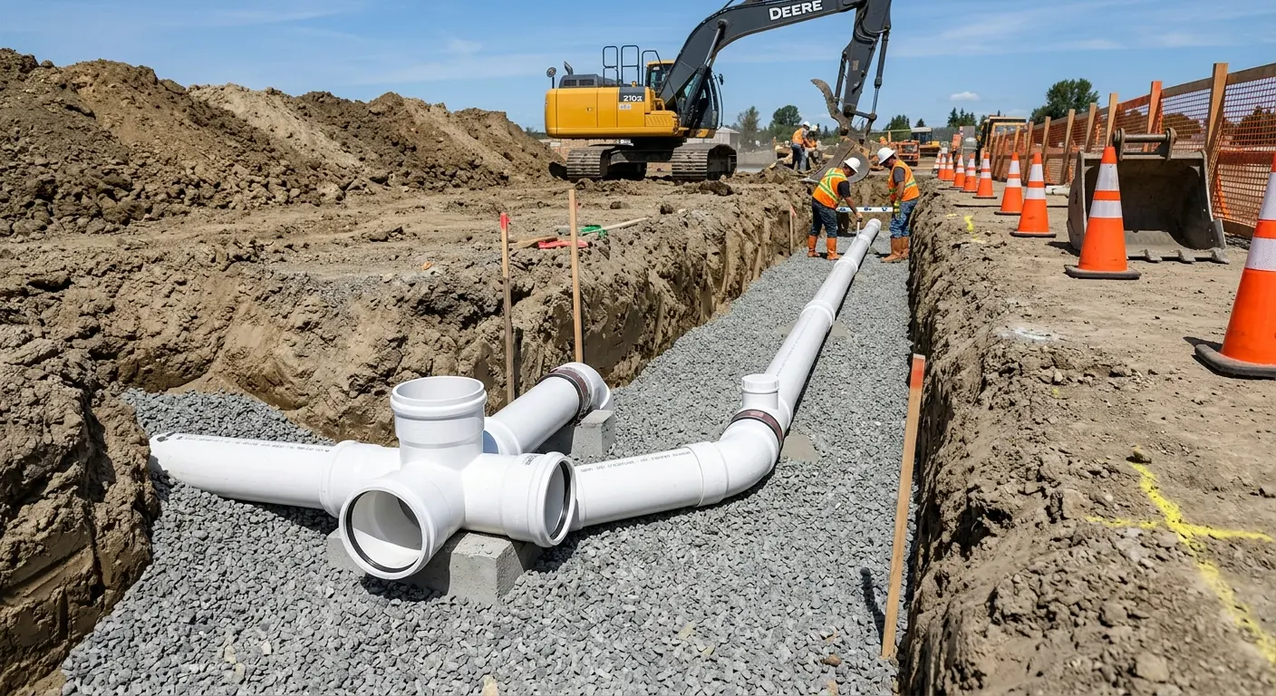 New PVC sewer pipe installation in open trench for Commercial Drain Cleaning in Rhinebeck