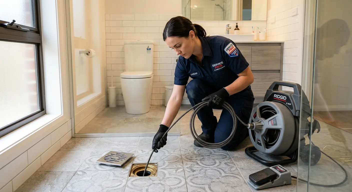 Technician clearing a bathroom floor drain for Clogged Drain Repair in Rhinebeck